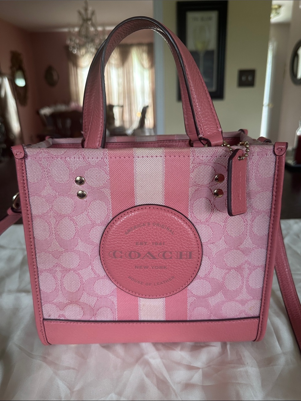 Coach Pink Dempsey 22 Signature Canvas Satchel with Stripe Detail C8417